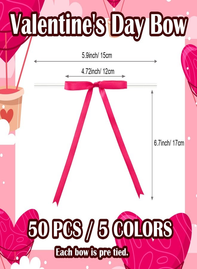 VESFASOV Twist Tie Bows Valentine's Day, 50 Pcs Satin Polyester Bows for Valentines Day Gift Bags Treat Bags Candy Bags, Pink Red Bows Ribbon Bows Pre-Tied Bow for Gift Wrapping Wedding Decoration (5 Colors) - Image 2
